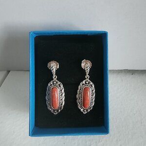 Red Coral Sterling Silver Drop Earrings 14x4mm Cabochon Priced to Sell!